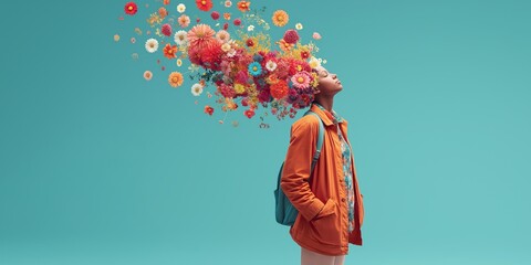 Fototapeta premium Neuroplasticity learning concept. Creative portrait of a person with floral thoughts above head.
