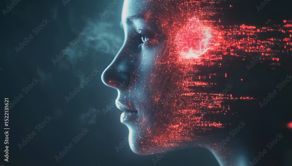 Poster a profile view of a woman's face, digitally enhanced with glowing data patterns.