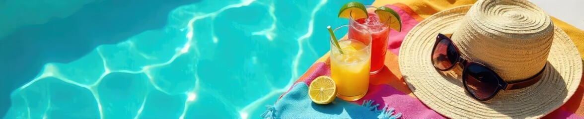 Fototapeta premium A carefree summer scene featuring sunglasses, a floppy hat, a vibrant beach towel, and refreshing drinks, capturing the essence of summer bliss and relaxation , sea, carefree