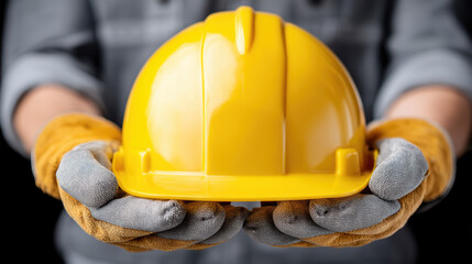Fototapeta premium Safety is essential in industrial warehouse aisle where protective equipment like yellow hard hat is used daily