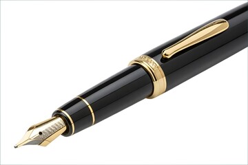 Elegant Black Fountain Pen with Gold Trim on White Background