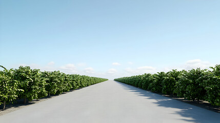 Fototapeta premium Empty Road Through Rows Of Green Plants On A Sunny Day