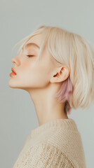 Hair model photo with light blonde hair, photo of young woman, short hair style
