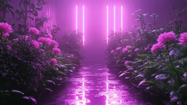 Bright pink neon lights shine over vibrant flowers at night, creating a dreamy synthwave garden scene. Reflections shimmer on the rain-wet path, blending futuristic ambiance with natural beauty.