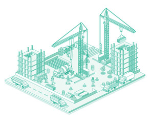 Active construction site with cranes, workers, builders and skyscrapers under development. Process of building. Line art style. Isometric view of a monolithic frame building.