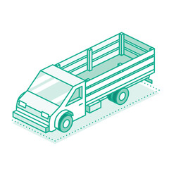 Isometric outline rural cargo truck with wooden stake sides. Farming, village logistics, and agricultural transportation. Line art style. Medium duty truck isolated on white.