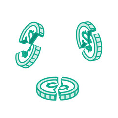 Set of cracked dollar coins. Isometric illustration in outline style. Symbol of economic crash, financial crisis, and currency instability.