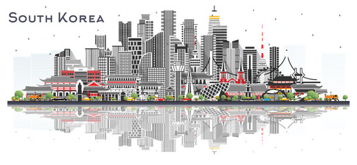 South Korea City Skyline with Gray Buildings Isolated on White. Illustration. Tourism Concept with Historic Architecture. South Korea Cityscape with Landmarks. Seoul. Busan. Daegu.