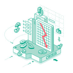 Economic crisis. Isometric outline concept. Falling red arrow on graph. Broken dollar coins, a falling chart, the inscription CRISIS and loss symbols. Collapse of the economy.