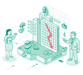Economic crisis. Isometric outline illustration. Man and woman discuss falling chart and broken dollar coins. Financial instability, risk, and market downturn.