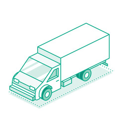 Isometric outline cargo truck. Commercial transport. Logistics. 3d city object for infographics. Car for carriage and delivery of goods. Front view. Green colors.