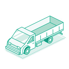 Isometric outline cargo truck with wooden side panels. Line art style. Logistics, transport, and construction. Flatbed cargo truck. Medium duty truck isolated on white.