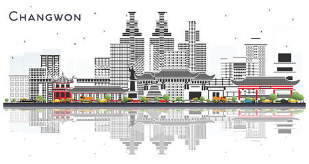 Changwon South Korea City Skyline with Color Buildings Isolated on White. Illustration. Business Travel and Tourism Concept with Historic and Modern Architecture. Changwon Cityscape with Landmarks.