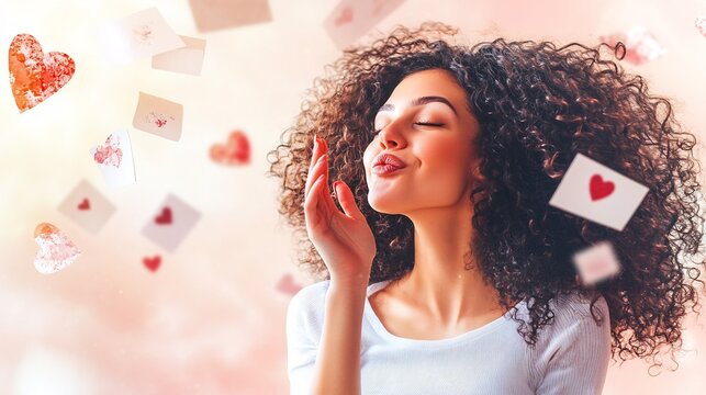 A woman with curly hair blowing a kiss surrounded by hearts and envelopes on a pink background scene