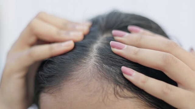 A young woman showing her hair loss scalp, androgenic alopecia, female pattern baldness, India.