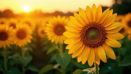 Close-up of a sunflower field at sunset, petals shimmering with golden light, creating a sparkling effect A stunning display of nature's brilliance , golden, glitter, agriculture