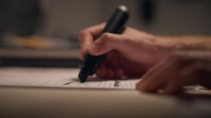 Hand using black marker to hide or censor information and text from report. Secret or classified document is sanitized by agent. Conspiracy or military. Government office important intelligence. - Powered by Adobe