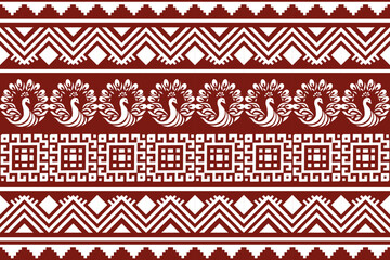 Geometric tribal pattern with peacocks in maroon and white tones. Symmetrical and folk-inspired, reflecting traditional Thai or Lanna art style. Ideal for textile design, wallpapers, cultural decora