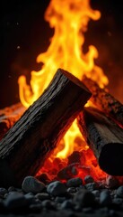 Fototapeta premium Close-up shot of vibrant orange and yellow flames licking at a stack of seasoned firewood, embers glowing brightly Perfect for themes of warmth, comfort, and rustic charm , fuel, ignition, rustic