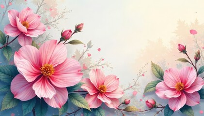 Delicate watercolor style, continuous blooming flowers , floral illustration, flowers