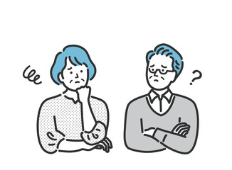 悩んでいるシニア夫婦の上半身イラスト