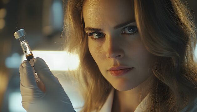 Woman holding a syringe in a laboratory setting. - Powered by Adobe