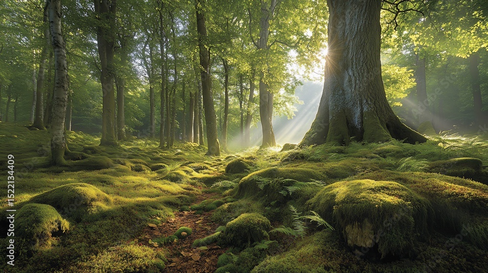 Poster enchanting forest scene with sun rays filtering through the trees and mossy ground