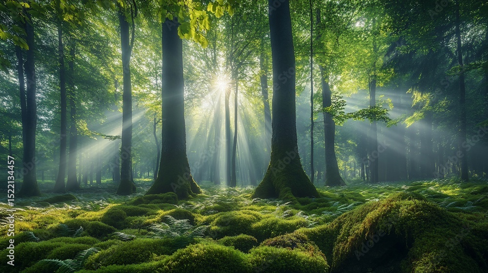 Aufkleber enchanting forest scene with sunlight filtering through trees, creating a magical atmosphere