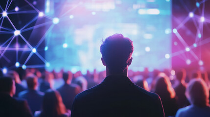 Audience engagement at technology conference virtual event digital innovation futuristic ambiance perspective of attendee