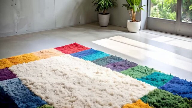 Colorful shag rug with patchwork border on a clean, modern floor, houseplants and bright natural light through a glass door or window