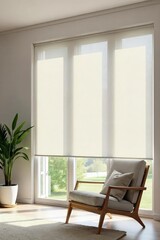 Modern minimalist roller blinds elegantly covering a large window, allowing soft diffused light into a bright room The neutral tones complement the contemporary interior design , style, shade