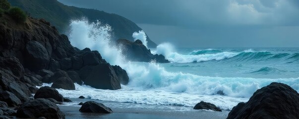 Fototapeta premium Rugged, dark rocks battered by crashing waves during a fierce storm The dramatic scene showcases the power of nature and the enduring strength of stone , dark, coastal landscape