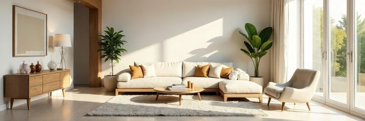 Serene and bright interior space bathed in soft, natural light, featuring elegant furniture and minimalist d?cor Perfect for home design, interior design, and lifestyle projects , table, wood, fabric