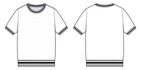 Striped Ribbed Trim T-Shirt Technical Fashion Illustration. Short Sleeve Crewneck Tee with Ribbed Neckline, Cuffs, and Hem. Front and Back View. Casual Streetwear Shirt. CAD Mockup set.