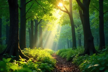 Obraz premium Serene nature scene perfect for meditation; tranquil forest, sunlight filtering through leaves, creating a peaceful atmosphere ideal for mindfulness and relaxation , calm, sunlight, well-being