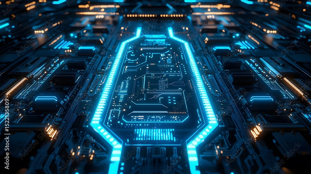 Fototapete an intricately designed electronic circuit board glows with vibrant blue light, representing the com