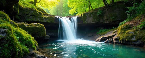 Serene waterfall cascading over mossy rocks, sunlight dappling the crystal clear water The lush green forest provides a vibrant backdrop to this pristine natural scene , mossy rocks, tranquility