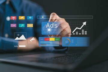 Digital marketing commerce online sale concept, Businessman using laptop with Ads dashboard digital marketing strategy analysis for branding. Online advertisement, ad on website and social media.