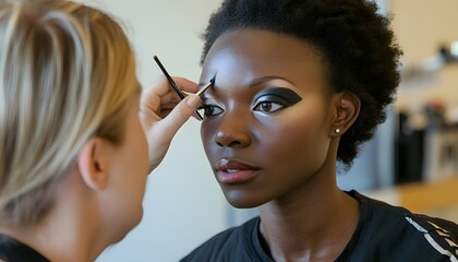 Obraz premium Close-up of a woman receiving a professional makeup application.
