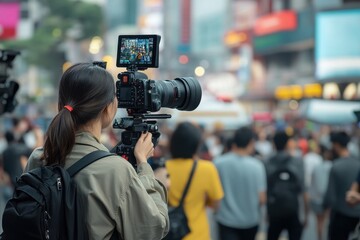 News reporter conducts live broadcast in bustling urban environment during peak hours, News reporter doing live piece to camera in busy city area