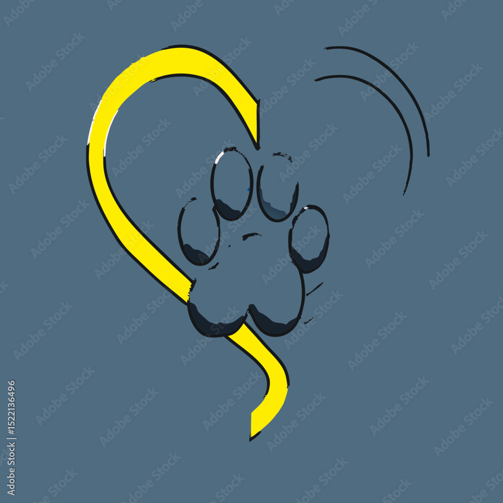 Poster stylized paw print with heart shape on a gray background