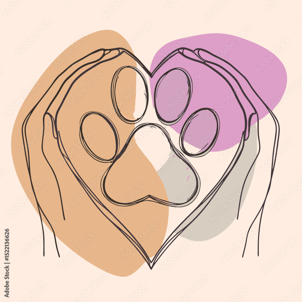 Poster hands holding paw print in heart shape with color blobs