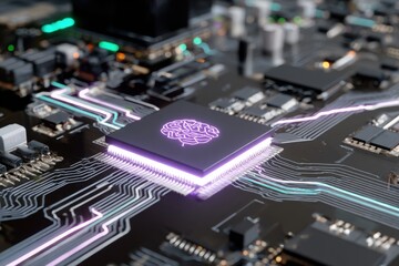 Futuristic Circuit Board with Brain Symbol and Neon Accents