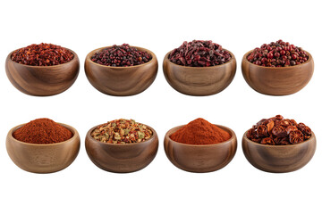 Various spices in wooden bowls collection culinary ingredients for cooking seasoning food photography