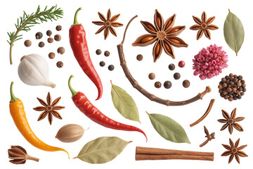 Assorted spices and herbs for cooking and seasoning food photography still life arrangement closeup top view