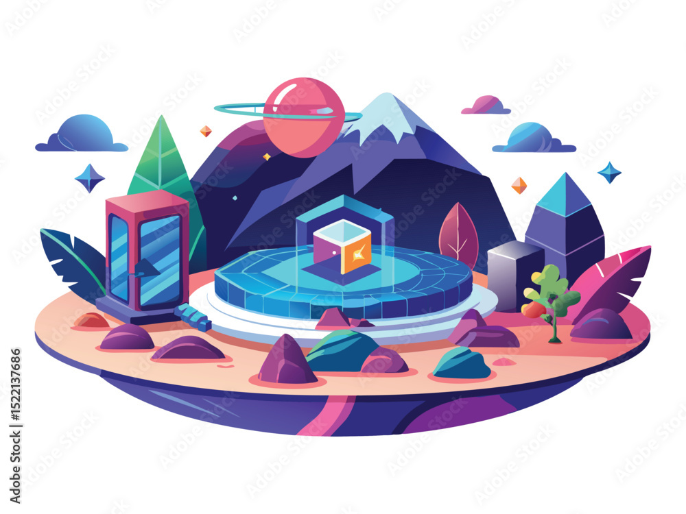 Poster abstract isometric landscape with floating cube isolated on white background