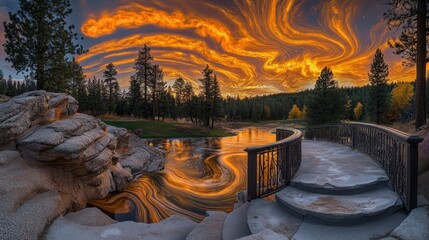 A stunning scenic sunset over a tranquil lake landscape