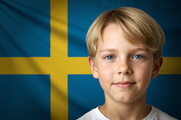 Young blonde boy with blue eyes in a portrait with Swedish flag background. Swedish language concept.