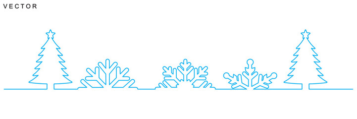 Continuous one line drawing, Winter Christmas holiday snowflake, deer, christmas tree decoration, Vector illustration on a white background