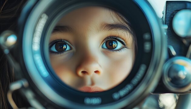 Child's face seen through the lens of an old camera.
